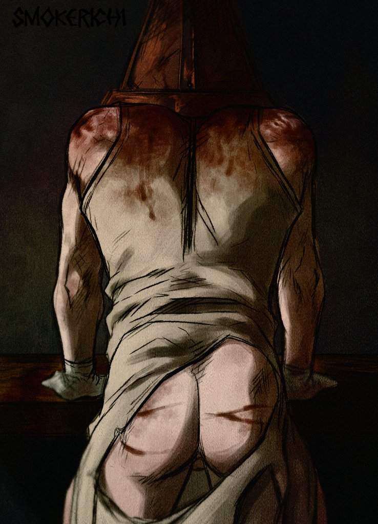 1boy ass ass_cutout ass_focus bara blood blood_on_clothes clothing_cutout cuts feet_out_of_frame from_behind helmet injury leaning_forward male_focus muscular muscular_male presenting pyramid_head silent_hill_(series) smokerichi solo standing