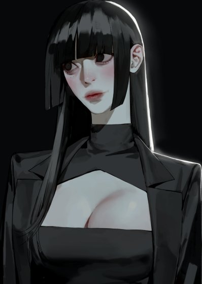 1girl black_background black_eyes black_hair black_jacket black_theme blush cleavage_cutout clothing_cutout head_tilt hime_cut jacket lipstick long_hair looking_to_the_side makeup open_clothes open_jacket original red_lips sidelocks simple_background solo turtleneck upper_body yalppong