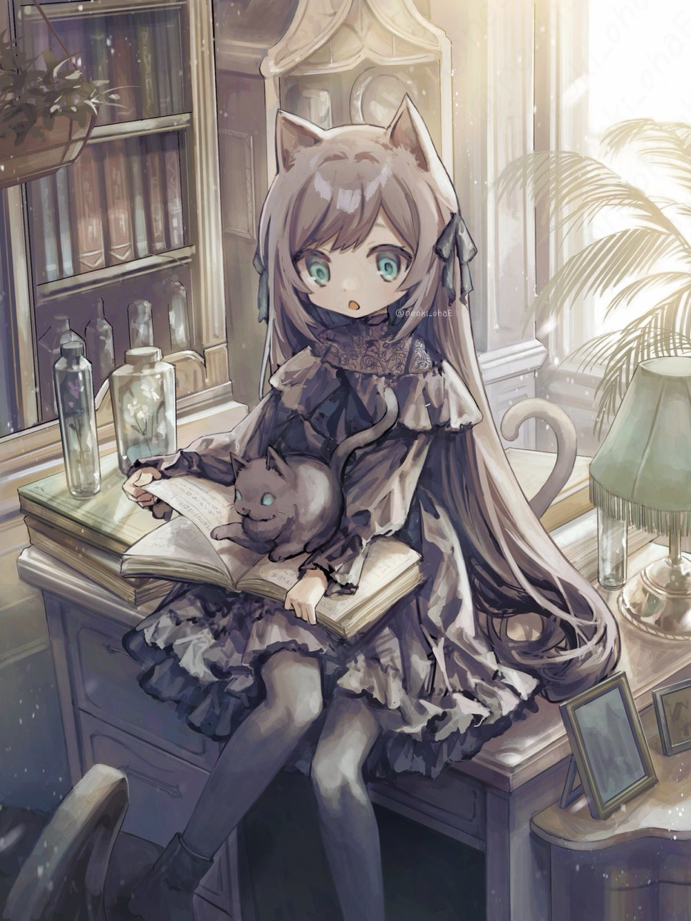 1girl :o animal_ears aqua_eyes black_bow black_cat black_dress black_footwear black_pantyhose book book_on_lap bookshelf bottle bow brown_hair cat cat_ears cat_girl cat_tail day desk drawer dress foot_out_of_frame frilled_dress frills hair_bow highres holding holding_book indoors knees_together_feet_apart lamp long_hair long_sleeves looking_away looking_down neoki_ohae on_desk on_table open_mouth original pantyhose picture_frame plant potted_plant see-through shoes sitting straight_hair sunlight swept_bangs table tail twitter_username very_long_hair window