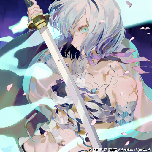 1girl bare_shoulders black_bra black_hairband black_underwear blue_eyes blush bra chest_sarashi close-up commentary_request cross_scar eyelashes frown green_jacket hairband haori holding holding_sword holding_weapon jacket japanese_clothes jewelry katana konpaku_youmu konpaku_youmu_(ghost) light_blush long_sleeves looking_at_viewer navel neck_ribbon nose_blush pants parted_lips pendant petals purple_background purple_ribbon rei_(sanbonzakura) ribbon sarashi scar scar_on_chest scar_on_shoulder short_hair solo sword tamaonsen touhou touhou_cannonball underwear weapon white_armor white_hair white_pants white_trim wide_sleeves