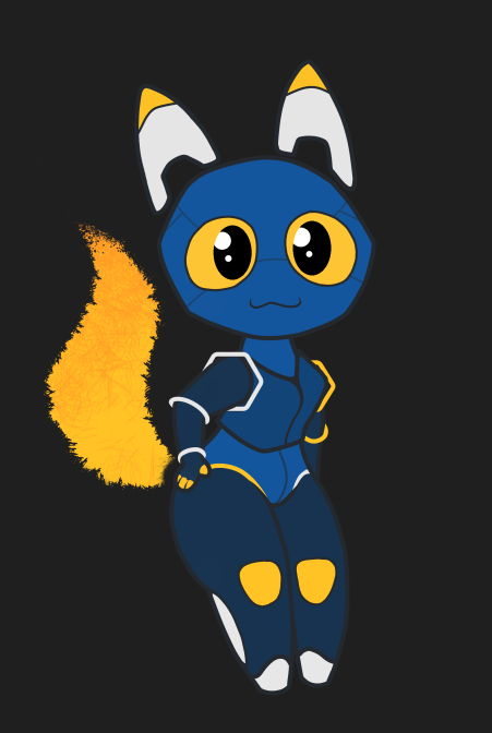 android anthro blue_body digital_media_(artwork) domestic_cat e621 esix felid feline felis female fire flaming_tail gooblie_2 looking_at_viewer machine mammal mascot robot simple_background smile solo tail yellow_eyes yellow_sclera