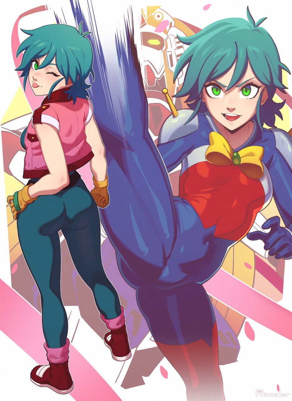 1girl :d ;p allenby_beardsley ass bodysuit breasts commentary g_gundam gloves green_eyes green_hair gundam hair_between_eyes hand_on_own_hip high_kick highres jacket kicking looking_at_viewer mobile_trace_suit multiple_views nobel_gundam one_eye_closed open_mouth pink_jacket razalor simple_background small_breasts smile split standing standing_on_one_leg standing_split tongue tongue_out v-shaped_eyebrows yellow_gloves