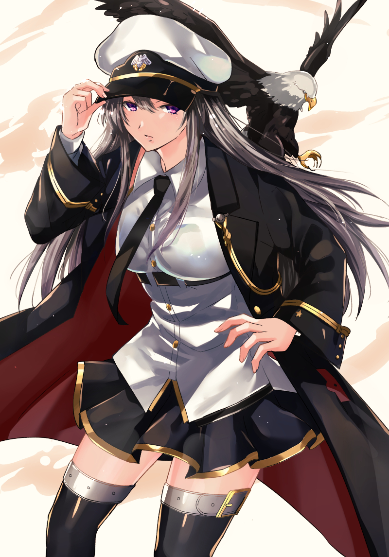 1girl adjusting_clothes adjusting_headwear azur_lane bald_eagle bird black_coat black_necktie black_skirt black_thighhighs breasts coat collared_shirt commentary_request cowboy_shot eagle enterprise_(azur_lane) grey_hair grim_(azur_lane) hat kitsutsukida_yo long_hair looking_at_viewer medium_breasts military_hat necktie open_clothes open_coat peaked_cap purple_eyes shirt skirt thighhighs white_background white_headwear white_shirt