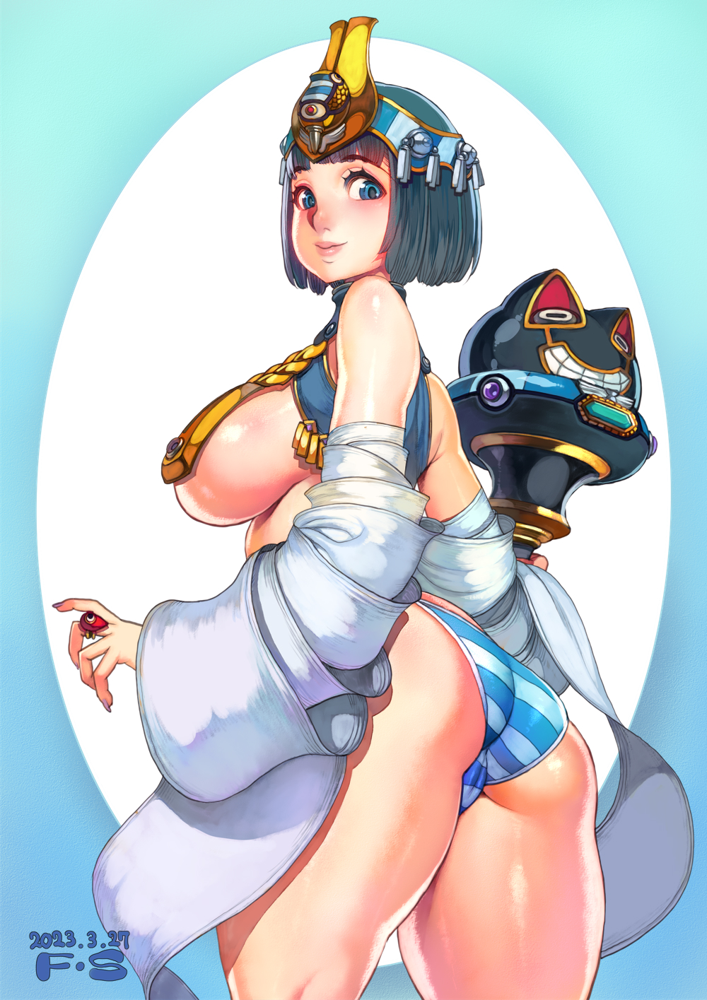 1girl ancient_princess_menace ass bare_shoulders black_hair blue_background blue_eyes blush bob_cut body_blush breasts cameltoe closed_mouth crown detached_sleeves egyptian egyptian_clothes f.s. fingernails gold gradient_background headdress highres jewelry large_breasts light_blue_background looking_at_viewer looking_back menace_(queen's_blade) panties queen's_blade revealing_clothes ring scepter setra short_hair smile solo standing striped striped_panties underboob underwear uraeus