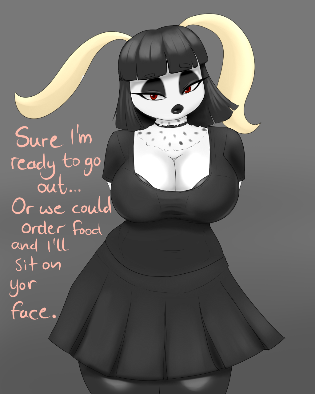 antennae_(anatomy) anthro arthropod big_breasts blackbetty breasts cleavage clothed clothing eyeshadow female fuzzy goth hair hi_res insect legwear lepidopteran lipstick looking_at_viewer makeup moth puss_moth ruth_(tango's_family) simple_background solo text thick_thighs