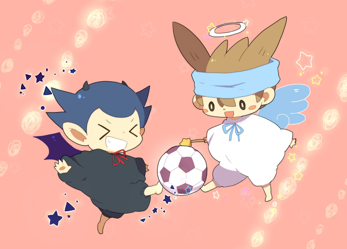 &gt;_&lt; 2boys angel_and_devil angel_wings ball black_eyes black_hair black_robe blue_ribbon blush_stickers bright_pupils brown_hair commentary demon_horns demon_wings grin halo holding holding_wand horns inazuma_eleven inazuma_eleven_(series) kicking kinota_(ki286sa) kogure_yuuya multiple_boys nishizono_shinsuke open_mouth pink_background red_ribbon ribbon robe smile soccer_ball star_(symbol) symbol-only_commentary triangle wand white_halo white_pupils white_robe wings