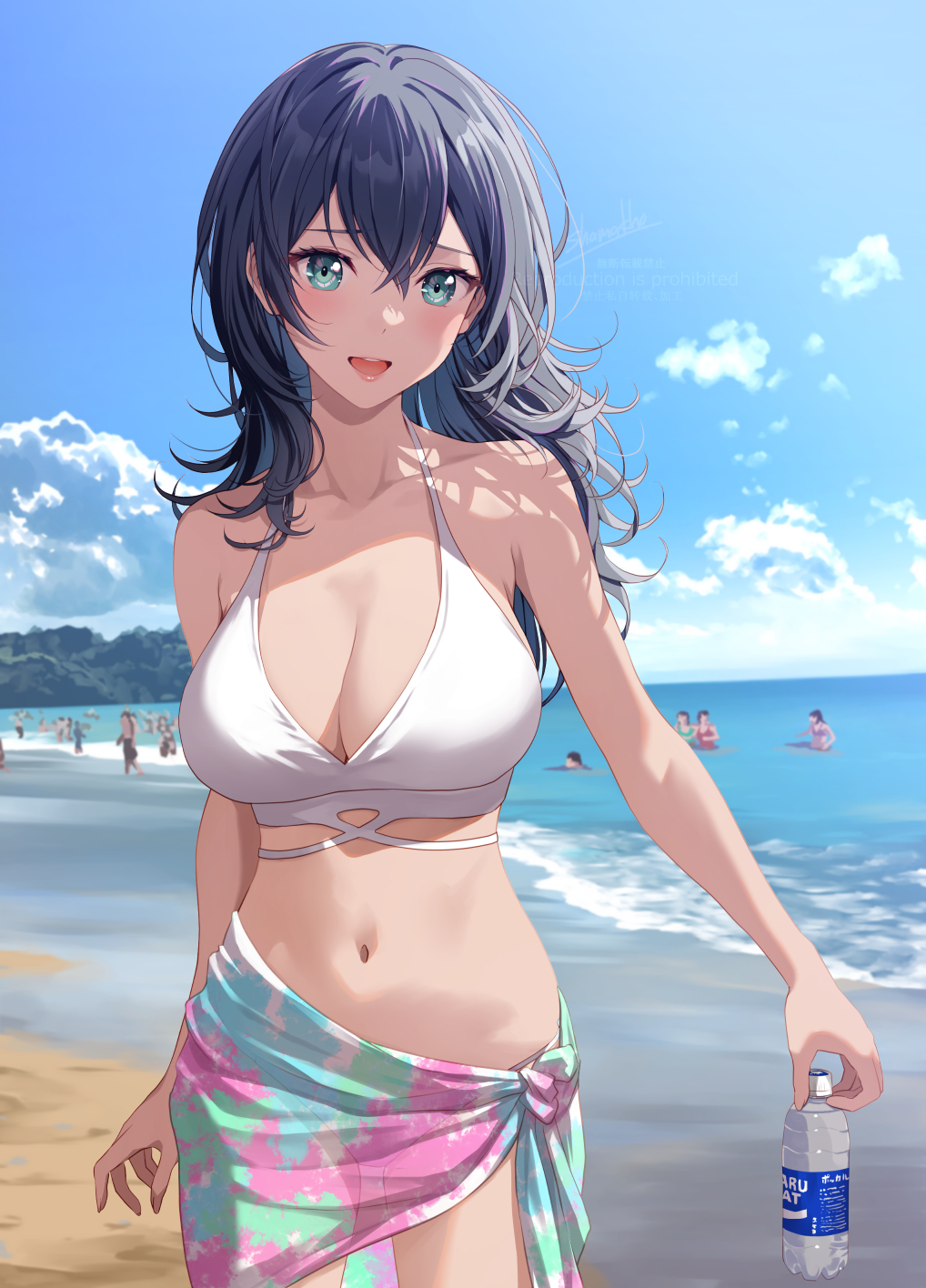 1girl :d bare_legs bare_shoulders beach bikini black_hair blue_sky blush bottle breasts cleavage cloud day green_eyes hair_between_eyes highres holding holding_bottle kenzen_kanojo_uruka-chan large_breasts looking_at_viewer navel ocean open_mouth original outdoors people pink_lips sand sarong shamakho sidelocks sky smile solo_focus standing stomach swimsuit teeth upper_teeth_only uruka_(kenzen_kanojo_uruka-chan) water water_bottle white_bikini