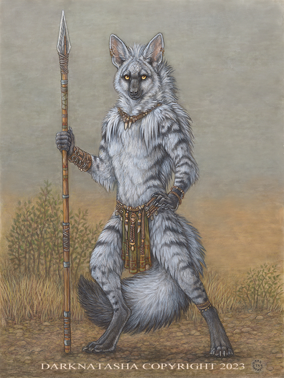 2023 aardwolf anthro black_body black_fur bottomwear clothed clothing dark_natasha fur grass hyena jewelry loincloth looking_at_viewer male mammal melee_weapon necklace outside plant polearm pose shrub solo spear topless weapon white_body white_fur yellow_eyes