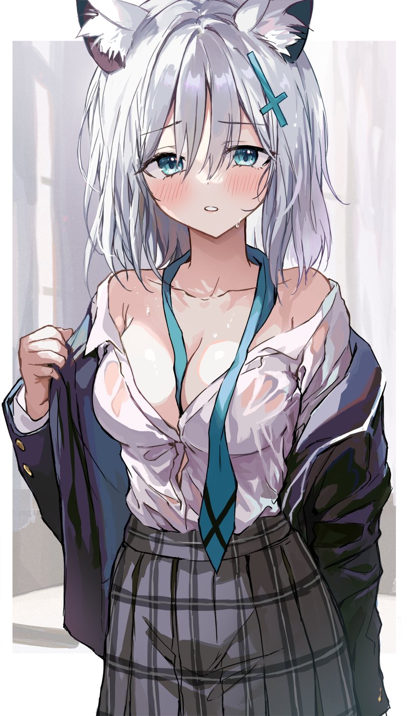 1girl animal_ear_fluff animal_ears blue_archive blue_eyes blue_jacket blue_necktie blush breasts collarbone collared_shirt cross_hair_ornament feet_out_of_frame furrowed_brow grey_hair hair_ornament highres jacket large_breasts long_sleeves looking_at_viewer medium_hair necktie parted_lips plaid plaid_skirt pleated_skirt saya_(mychristian2) school_uniform shiroko_(blue_archive) shirt shirt_tucked_in skirt solo undressing upper_body wet wet_clothes wet_shirt white_shirt wolf_ears