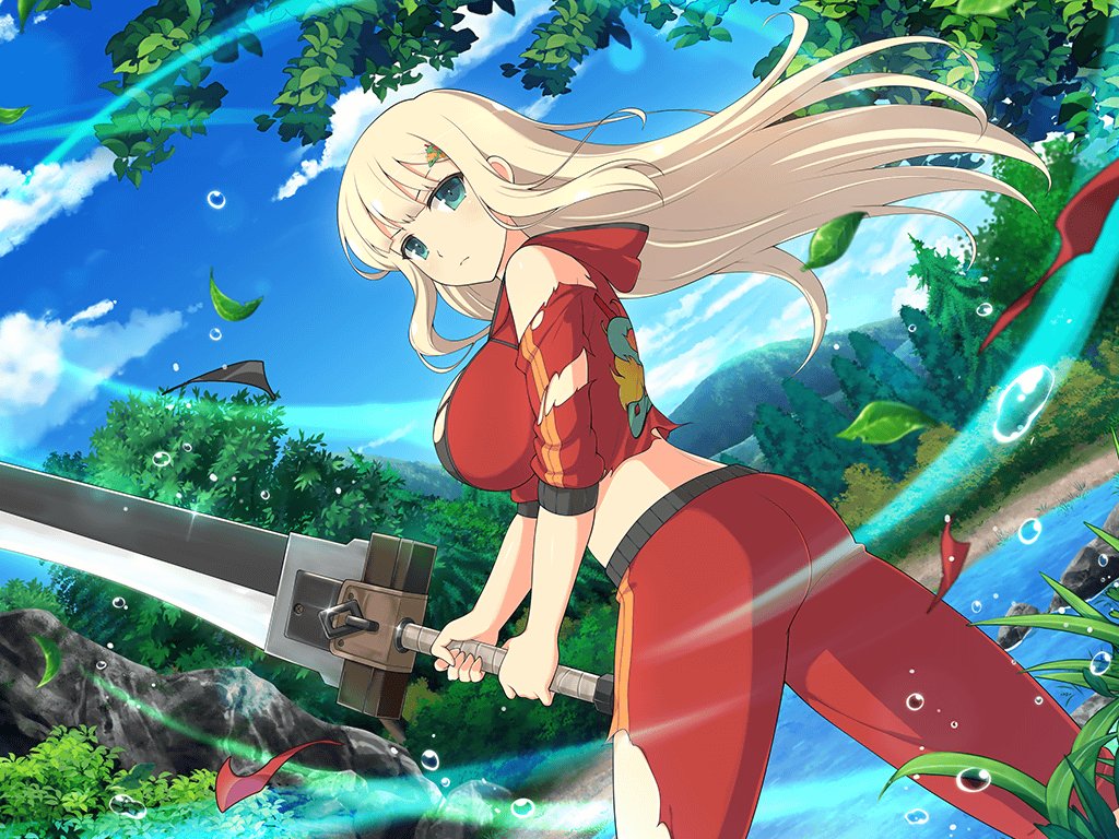 1girl ass black_sports_bra blonde_hair blue_sky blunt_bangs blush breasts bush closed_mouth cloud day energy forest from_behind greatsword green_eyes hair_ornament hairclip holding holding_sword holding_weapon hood hood_down hooded_jacket huge_weapon jacket large_breasts leaf long_hair looking_at_viewer mountainous_horizon nature official_alternate_costume official_art pants red_jacket red_pants red_track_suit river riverbank rock senran_kagura senran_kagura_new_link senran_kagura_shoujo-tachi_no_shin'ei sky solo sports_bra standing sword torn_clothes torn_jacket torn_pants torn_sports_bra track_suit tree two-handed water water_drop weapon yaegashi_nan yomi_(senran_kagura)
