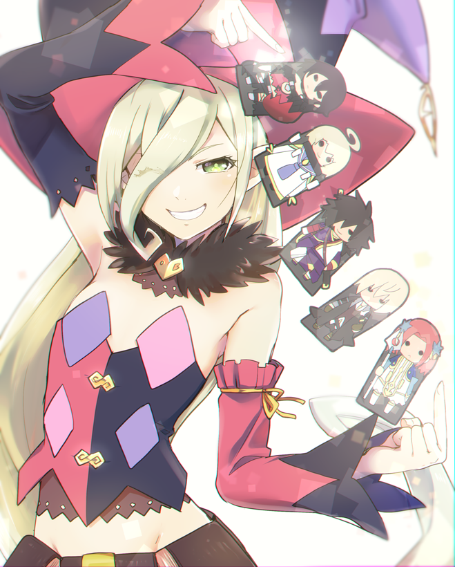 1girl asymmetrical_sleeves black_sleeves blonde_hair card feather_boa green_eyes hair_between_eyes hat long_hair looking_at_viewer magilou_(tales) mismatched_sleeves multicolored_clothes multicolored_headwear multicolored_sleeves pink_sleeves pointy_ears simple_background smile solo sumomoi_(dvcat) tales_of_(series) tales_of_berseria white_background witch_hat