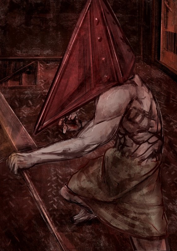 1boy abs gloves helmet holding male_focus monster_boy muscular muscular_male no_humans pectorals pyramid_head silent_hill_(series) silent_hill_2 solo stairs sword topless_male weapon