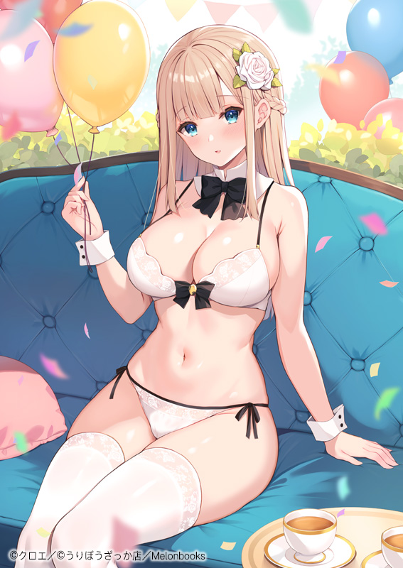 1girl armpit_crease balloon bare_arms bare_shoulders blonde_hair blue_eyes bow bowtie bra braid breasts cameltoe chaise_longue cleavage confetti couch cup detached_collar flower front-tie_bra front-tie_top hair_flower hair_ornament hand_up holding holding_balloon kuroe_(sugarberry) large_breasts legs lingerie long_hair looking_at_viewer melonbooks navel on_couch original panties parted_lips rose side-tie_panties sidelocks sitting solo stomach strap_gap string_bra string_panties teacup thighhighs thighs underwear underwear_only white_bra white_thighhighs wrist_cuffs