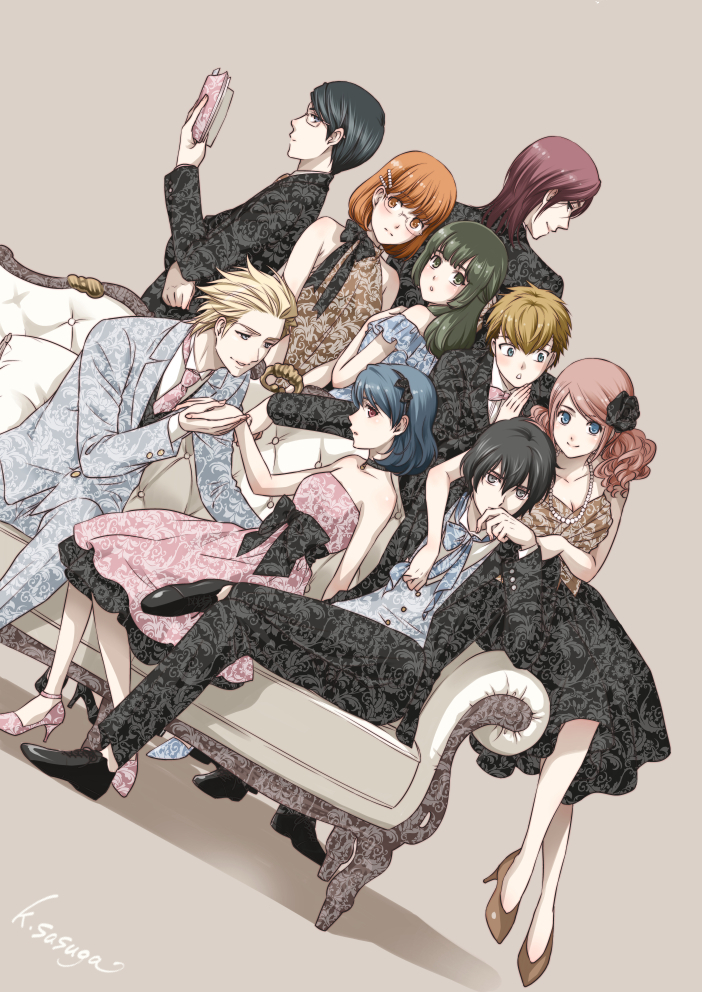 4girls 5boys artist_name ashihara_miu bare_shoulders black_dress black_suit blonde_hair blue_eyes blue_hair blue_suit book brown_dress character_request couch domestic_na_kanojo dress fujii_natsuo glasses green_eyes green_hair grey_background hand_to_own_mouth holding holding_book holding_hands hug hug_from_behind kabasawa_fumino kashiwabara_momo kiriya_reiji looking_at_another looking_at_viewer matsukawa_j_alex medium_hair multicolored_clothes multicolored_dress multiple_boys multiple_girls on_couch pink_dress pink_hair print_dress print_suit profile red_eyes red_hair sasuga_kei shibasaki_subaru short_hair simple_background sitting standing strapless strapless_dress suit tachibana_rui yellow_eyes