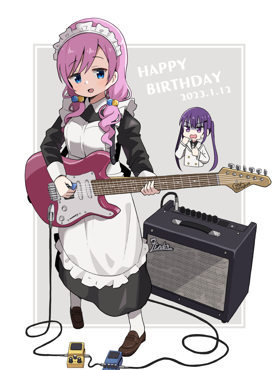 2girls amplifier apron black_dress black_shirt blazer blue_eyes border breasts brown_footwear buttons collared_dress collared_shirt commentary_request cube_hair_ornament dated double-breasted dress electric_guitar frilled_apron frills full_body gochuumon_wa_usagi_desu_ka? grey_background guitar hair_between_eyes hair_ornament hairclip happy_birthday highres holding holding_guitar holding_instrument holding_plectrum instrument jacket karede_yura loafers long_hair long_sleeves looking_at_viewer low_twintails maid maid_apron maid_headdress medium_breasts mohei multiple_girls necktie open_mouth partial_commentary pink_hair plectrum purple_eyes purple_hair purple_necktie school_uniform shirt shoes sidelocks simple_background smile standing sweatdrop tedeza_rize tedeza_rize's_school_uniform twintails white_apron white_border