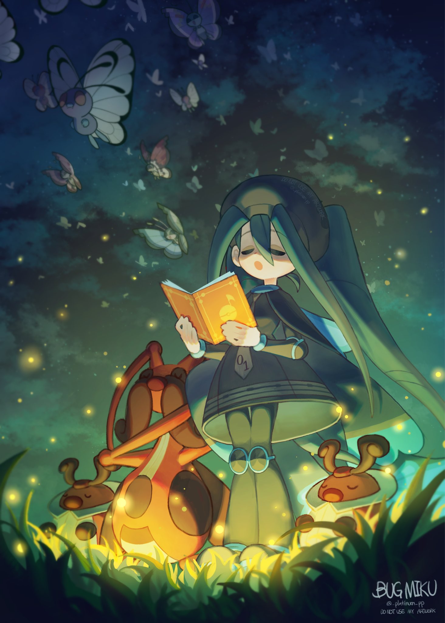 1girl book brown_dress brown_headwear bug bug_miku_(project_voltage) butterfree closed_eyes cloud cloudy_sky dress firefly grass hair_through_headwear hatsune_miku highres holding holding_book kricketot kricketune long_hair long_sleeves night night_sky open_mouth pokemon pokemon_(creature) project_voltage short_dress sky tinum_(platinum_pp) twintails very_long_hair vivillon vocaloid