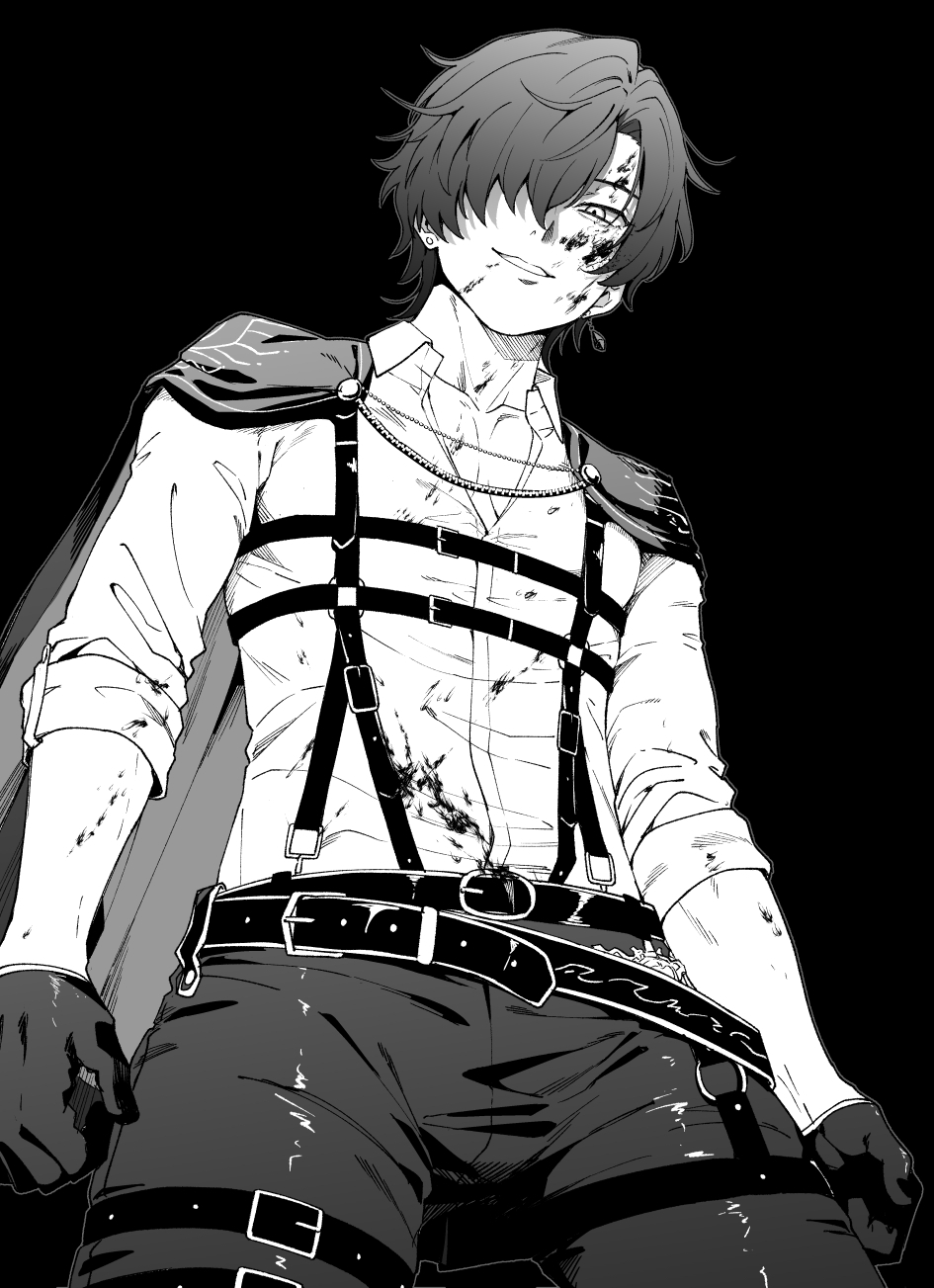 0-ring 1boy adam's_apple belt belt_buckle black_background blood buckle cape collarbone gloves greyscale grin hair_over_one_eye highres kaito_(vocaloid) leather leather_pants long_sleeves looking_at_viewer looking_down male_focus monochrome pants sentea simple_background sleeves_rolled_up smile suspenders vocaloid