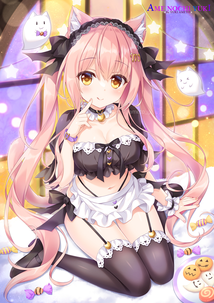 1girl ameto_yuki animal_ear_fluff animal_ears apron artist_name black_bow black_footwear black_thighhighs bow breasts brown_eyes cat_ears cat_girl cat_tail cleavage closed_mouth collarbone commentary_request cookie food frilled_apron frills garter_straps ghost hair_between_eyes halloween hand_up long_hair medium_breasts original pink_hair plate puffy_short_sleeves puffy_sleeves shoes short_sleeves sitting smile star_(symbol) tail thighhighs twintails twitter_username very_long_hair waist_apron wariza watermark white_apron window