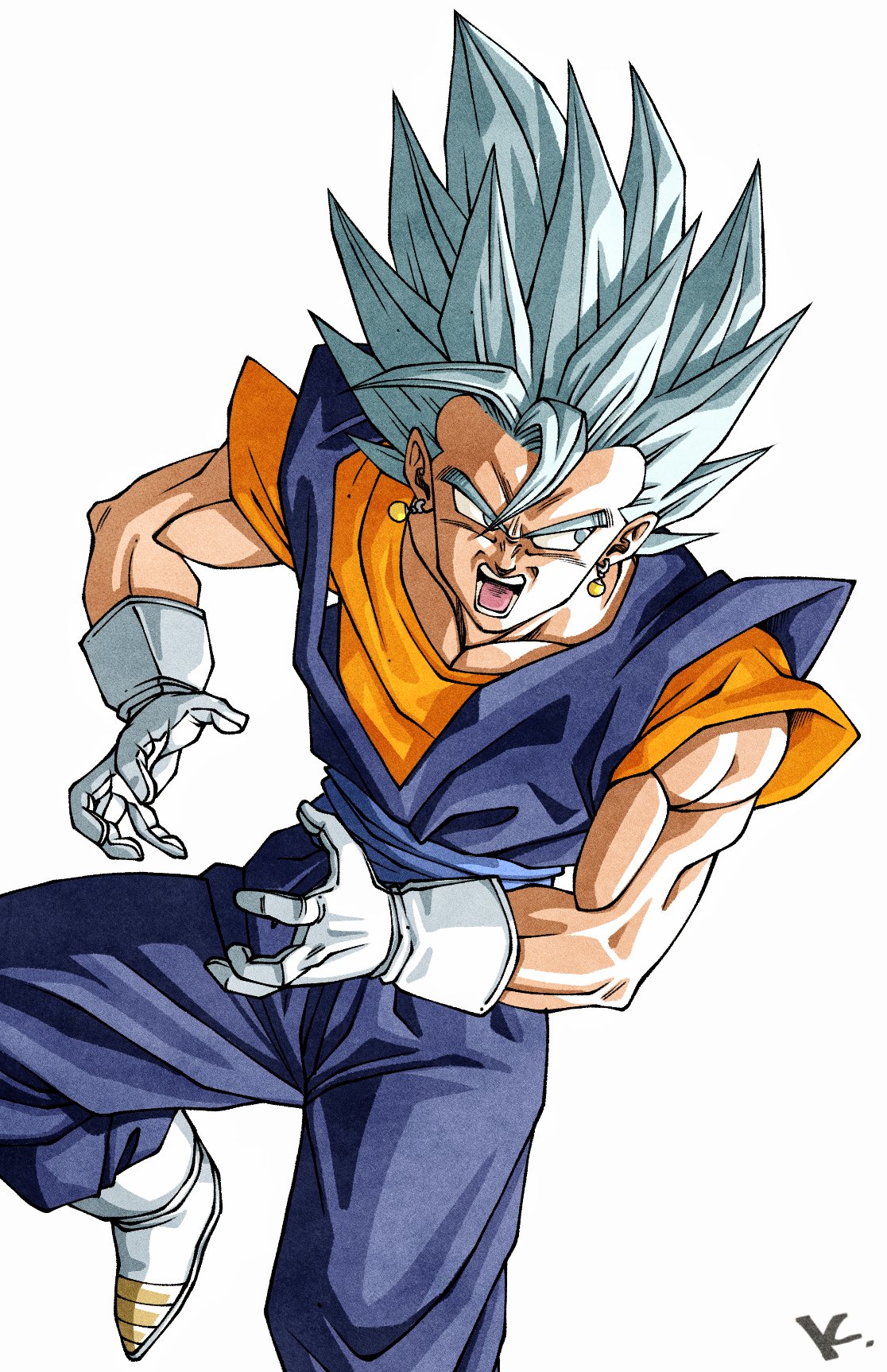 1boy blue_jumpsuit dragon_ball dragon_ball_super dragon_ball_z earrings gloves highres jewelry jumpsuit kakeru_(dbskakeru) looking_to_the_side open_mouth orange_shirt potara_earrings shirt simple_background sleeveless solo spiked_hair super_saiyan super_saiyan_blue toriyama_akira_(style) ultra_instinct vegetto white_background white_gloves white_hair