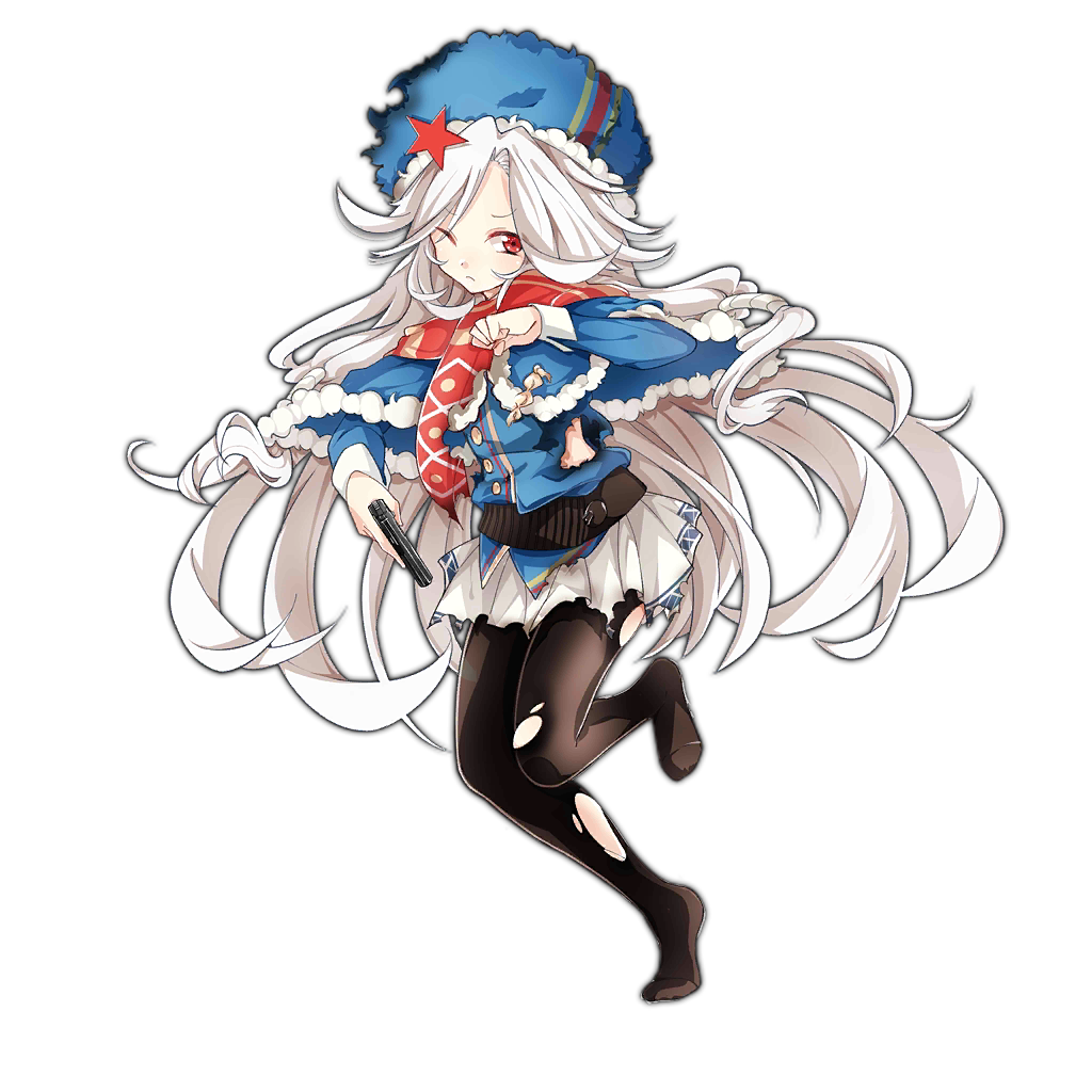 1girl blue_capelet blue_jacket brown_footwear burnt_clothes capelet full_body fur_hat fur_trim girls'_frontline gun handgun hat hat_ornament hippos holding holding_gun holding_weapon jacket light_frown long_hair looking_at_viewer makarov_(girls'_frontline) makarov_pm no_shoes official_art one_eye_closed pantyhose pleated_skirt red_eyes red_scarf scarf scorch_mark simple_background skirt solo standing standing_on_one_leg star_(symbol) star_hat_ornament torn_capelet torn_clothes torn_hat torn_jacket torn_pantyhose torn_skirt transparent_background trigger_discipline ushanka very_long_hair weapon white_hair white_skirt