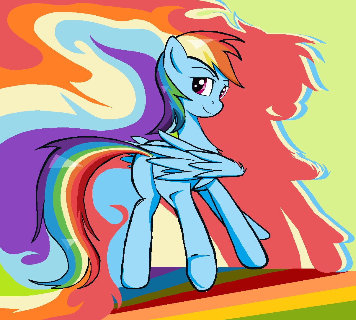 blue_body blue_feathers blue_fur butt equid equine eyebrows feathered_wings feathers female feral folded_wings friendship_is_magic fur hair hasbro looking_back mammal multicolored_hair multicolored_tail my_little_pony pegasus pink_eyes rainbow_dash_(mlp) rainbow_hair rainbow_tail sallycars_(artist) smile solo tail wings