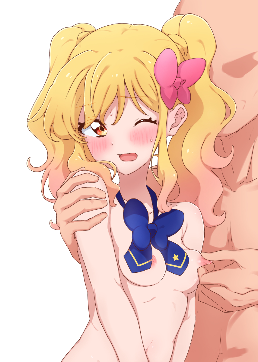 1boy 1girl aikatsu!_(series) aikatsu_stars! blonde_hair blue_bow blue_bowtie blush bow bowtie breasts chinese_text colored_eyelashes completely_nude faceless faceless_male grabbing grabbing_another's_breast gradient_hair hair_bow hetero highres kumahubuki looking_at_viewer looking_back md5_mismatch multicolored_hair nijino_yume nipple_torture nipple_tweak nipples nude open_clothes open_mouth pink_bow resolution_mismatch shirt shoulder_grab simplified_chinese_text small_breasts source_smaller sweatdrop upper_body wavy_hair white_shirt wince