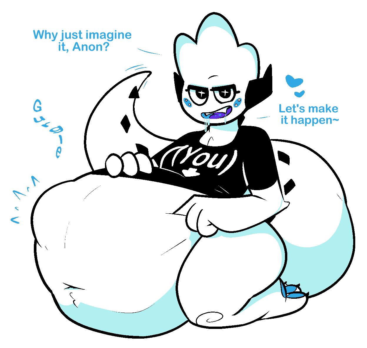 &lt;3 abdominal_bulge admiring ambiguous_gender anon anonymous_artist anonymous_prey anthro belly belly_expansion belly_inflation belly_overhang big_belly bloated blush bodily_fluids bulge clothing digital_drawing_(artwork) digital_media_(artwork) duo english_text expansion exxy_(4chan) fur giant_tail group horn humanoid hybrid imminent_digestion imminent_vore inflation love lying on_front open_mouth overweight pawpads post-vore purple_tongue rumbling_stomach shaded shirt smile smiling_at_viewer soft_shading soft_vore suggestive t-shirt tail tail_horns text thick_tail thick_thighs tongue topwear vore weight_gain white_body white_fur willing_pred willing_prey willing_vore