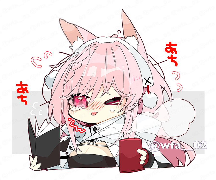 &gt;_o 1girl animal_ear_fluff arknights artist_name blush book breasts cat_girl cleavage closed_mouth commentary_request cup hairband holding holding_book holding_cup itsuki_02 long_hair medium_breasts nose_blush one_eye_closed pink_eyes pink_hair pozyomka_(arknights) solo tearing_up tears tongue tongue_out twitter_username white_hairband