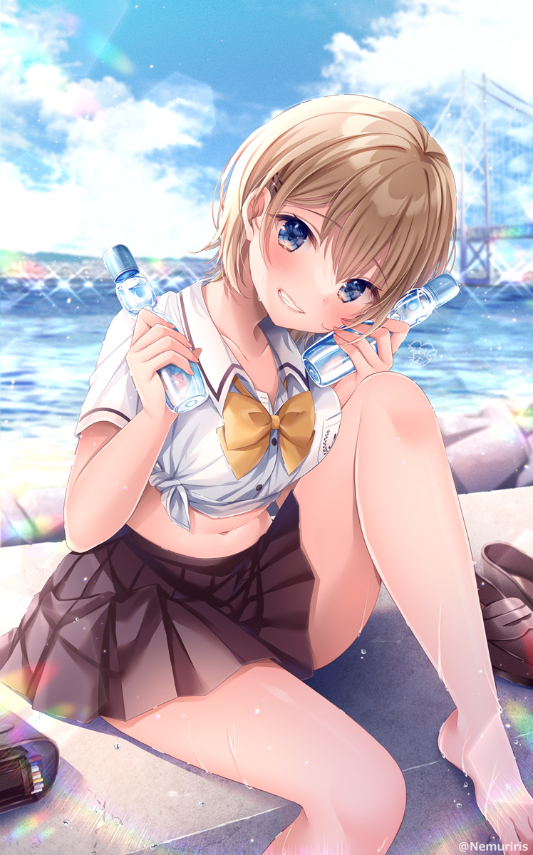 1girl barefoot blue_eyes blue_sky bottle bow bridge brown_bow brown_footwear brown_hair brown_skirt cloud collared_shirt commentary_request day dress_shirt feet_out_of_frame grin hair_between_eyes highres holding holding_bottle loafers looking_at_viewer midriff navel nemuri_nemu ocean original outdoors pleated_skirt ramune school_briefcase school_uniform shirt shoes short_sleeves skirt sky smile solo twitter_username water wet white_shirt