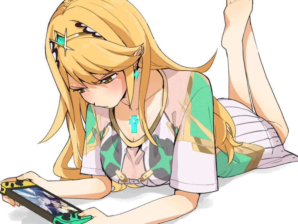 1girl bafarin bare_legs barefoot blonde_hair chest_jewel earrings handheld_game_console holding holding_handheld_game_console jewelry long_hair lying mythra_(xenoblade) nintendo_switch on_stomach playing_games rex_(xenoblade) shirt simple_background solo swept_bangs t-shirt tiara white_background xenoblade_chronicles_(series) xenoblade_chronicles_2 xenoblade_chronicles_3 xenoblade_chronicles_3:_future_redeemed yellow_eyes