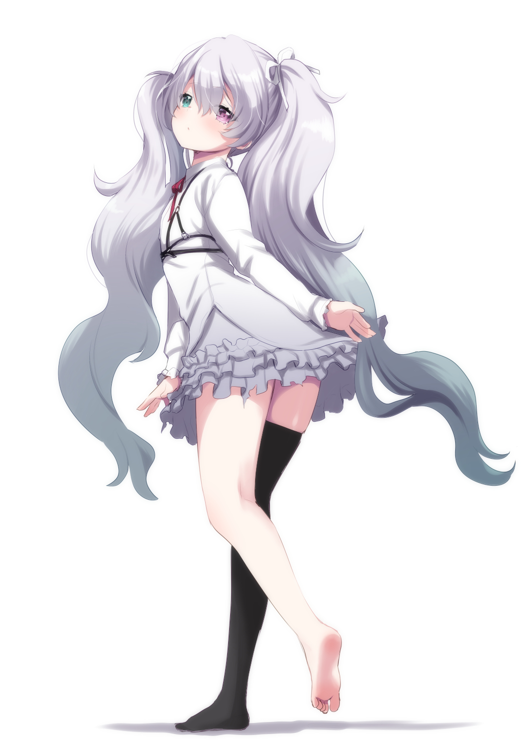 1girl aqua_eyes barefoot black_thighhighs commentary_request dress feet flat_chest frilled_dress frills from_side full_body gradient_hair grey_dress grey_hair hair_between_eyes hair_ribbon hatsune_miku heterochromia highres legs long_hair long_sleeves looking_at_viewer multicolored_hair neck_ribbon official_alternate_eye_color official_alternate_hair_color project_sekai purple_eyes red_ribbon ribbon saki_chisuzu shiny_skin short_dress simple_background single_thighhigh soles solo standing standing_on_one_leg thighhighs thighs toes vocaloid white_background white_ribbon