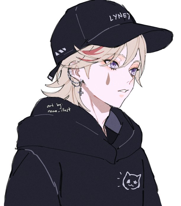 1boy alternate_costume baseball_cap black_headwear black_hoodie blonde_hair character_name cross cross_earrings earrings facing_to_the_side genshin_impact grey_background hat hood hood_down hoodie jewelry looking_ahead lyney_(genshin_impact) male_focus multicolored_hair multiple_piercings nana_illust parted_lips red_hair short_hair solo teardrop_facial_mark teeth twitter_username