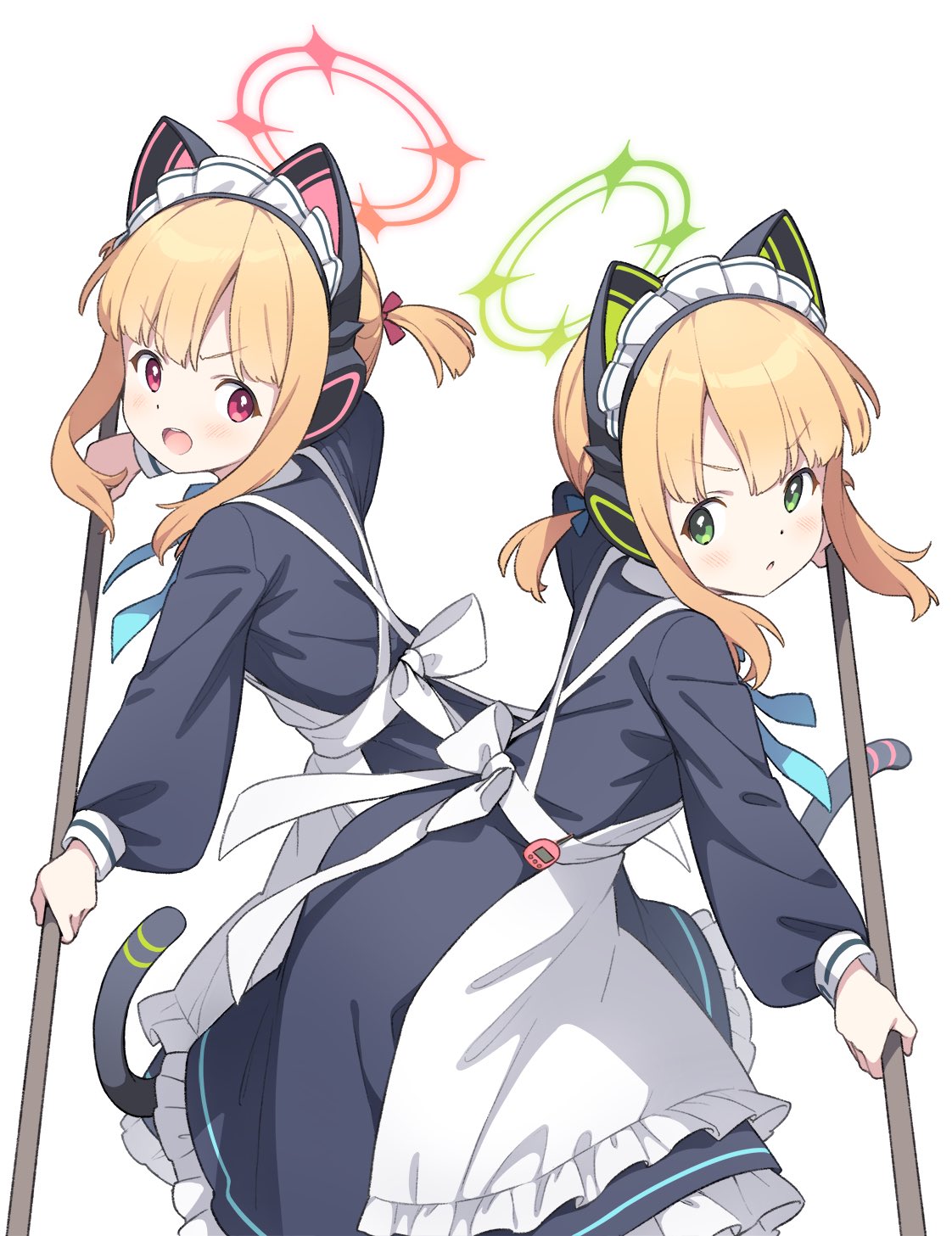 2girls animal_ear_headphones animal_ears apron blonde_hair blue_archive broom cat_ear_headphones fake_animal_ears green_eyes headphones highres holding holding_broom kanzaki_hiro maid maid_apron midori_(blue_archive) midori_(maid)_(blue_archive) momoi_(blue_archive) momoi_(maid)_(blue_archive) multiple_girls official_alternate_costume open_mouth red_eyes short_hair siblings simple_background sisters twins white_background