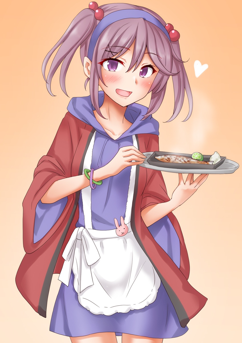 1girl anti_(untea9) apron cowboy_shot dress food gradient_background grey_hair hair_bobbles hair_ornament hairband happi highres hooded_dress japanese_clothes kantai_collection official_alternate_costume orange_background pink_eyes purple_dress purple_hairband sazanami_(kancolle) short_hair solo standing tray twintails white_apron