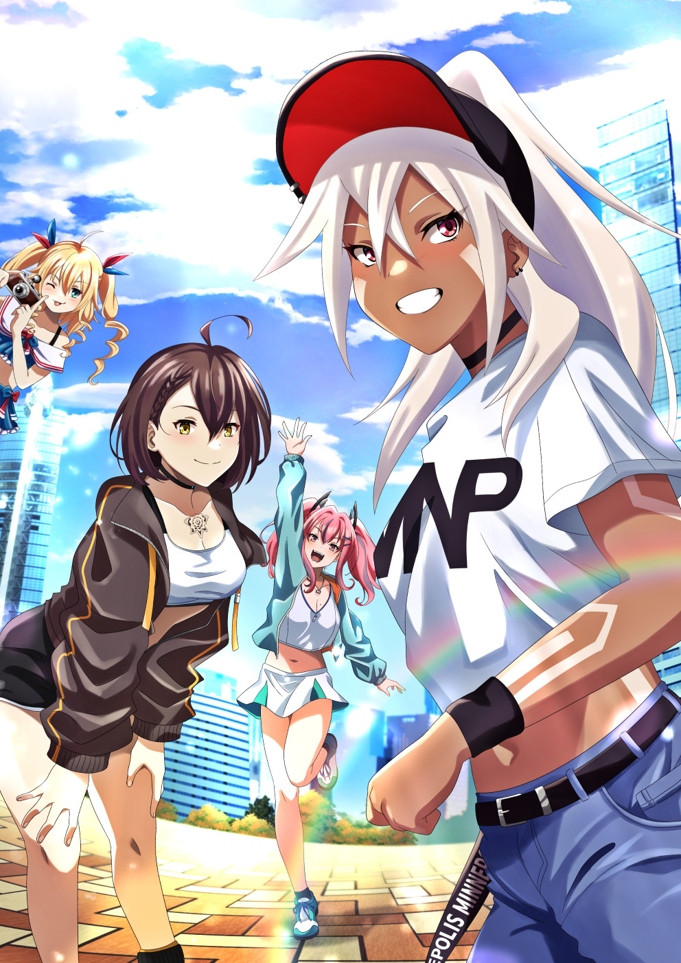 4girls :d ;d ahoge ankle_socks aqua_jacket arm_up azur_lane baltimore_(azur_lane) baltimore_(black_ace)_(azur_lane) bare_shoulders baseball_cap belt black_belt black_choker black_jacket black_shorts black_socks blonde_hair blue_eyes blue_skirt blue_sky blush bodypaint braid breasts bremerton_(azur_lane) bremerton_(scorching-hot_training)_(azur_lane) brown_hair building camera chest_tattoo choker cleavage closed_mouth cloud collarbone commentary_request cover cover_page crop_top crop_top_overhang crossed_bangs dark-skinned_female dark_skin day denim earrings facepaint flower_tattoo french_braid full_body green_footwear green_skirt grey_hair gridley_(azur_lane) grin hair_between_eyes hair_intakes hair_ornament hands_on_own_thighs hat high_ponytail highres holding holding_camera jacket jeans jewelry leaning_forward long_hair looking_at_viewer medium_breasts midriff minneapolis_(azur_lane) minneapolis_(extreme_games)_(azur_lane) mole mole_on_breast multicolored_hair multiple_girls murasaki_tsutsuji navel official_alternate_costume one_eye_closed open_clothes open_jacket open_mouth outdoors pants pink_eyes pink_hair ponytail red_eyes sailor_collar shadow shirt shoes short_hair short_shorts short_sleeves shorts sidelocks skirt sky skyscraper sleeveless sleeveless_shirt smile sneakers socks sports_bra sportswear standing standing_on_one_leg streaked_hair tattoo teeth tennis_uniform twintails two-tone_hair two-tone_shirt two-tone_skirt white_hair white_sailor_collar white_shirt white_skirt white_sports_bra x_hair_ornament yellow_eyes