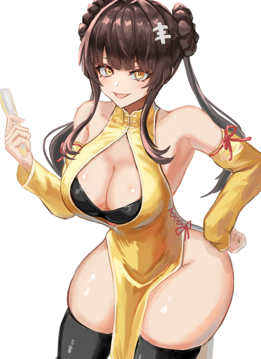 1girl :d bare_shoulders black_thighhighs breasts brown_hair character_request china_dress chinese_clothes cleavage commentary_request copyright_request detached_sleeves double_bun dress folding_fan hair_bun hair_intakes hand_fan holding holding_fan large_breasts long_hair long_sleeves looking_at_viewer moppo open_mouth pelvic_curtain simple_background skindentation sleeveless sleeveless_dress smile solo thighhighs thighs white_background yellow_dress yellow_eyes