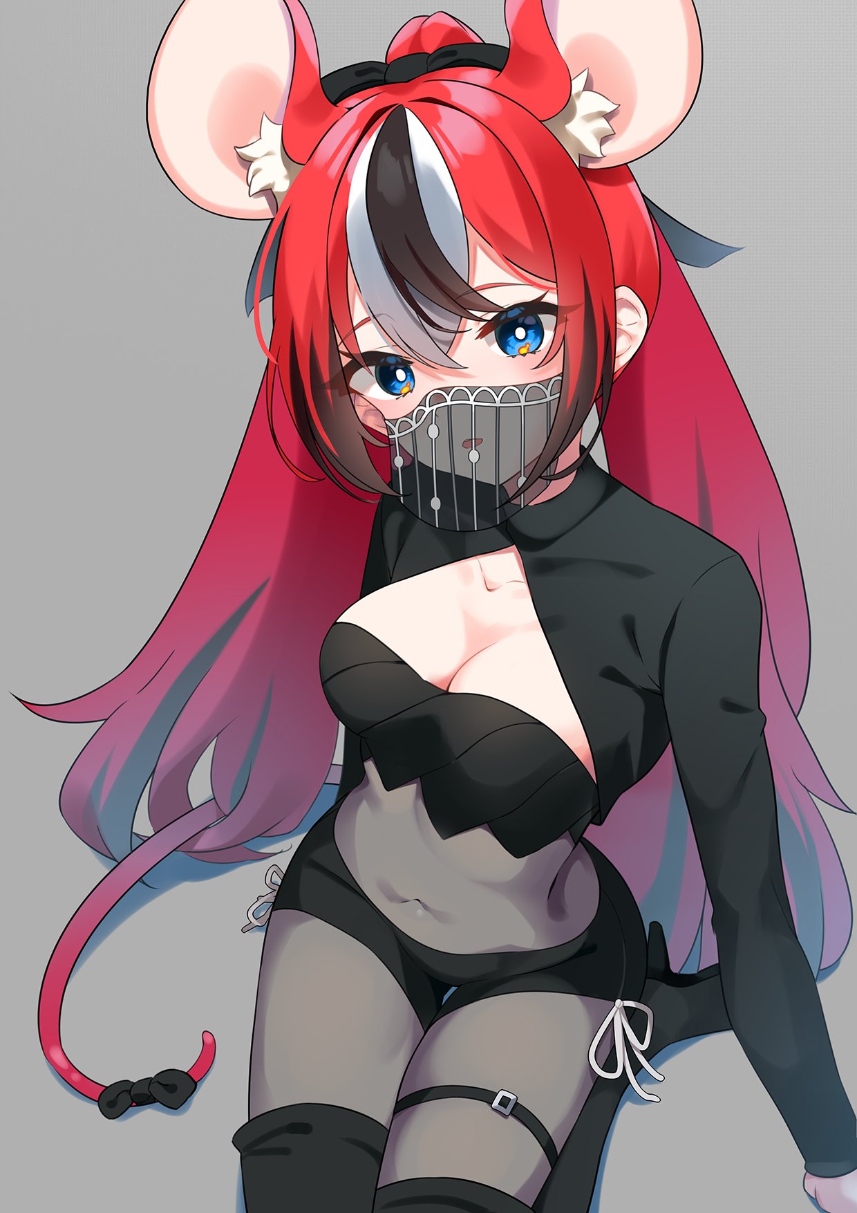 1girl animal_ears black_bow black_hair black_shorts black_thighhighs blue_eyes bow breasts cleavage collarbone commentary covered_navel grey_background groin hair_between_eyes hair_bow hakos_baelz highres hololive hololive_english kutata long_hair long_sleeves looking_at_viewer medium_breasts mouse_ears mouse_girl mouse_tail multicolored_hair parted_lips ponytail red_hair see-through short_shorts shorts shrug_(clothing) simple_background solo streaked_hair tail tail_bow tail_ornament thighhighs veil very_long_hair virtual_youtuber white_hair