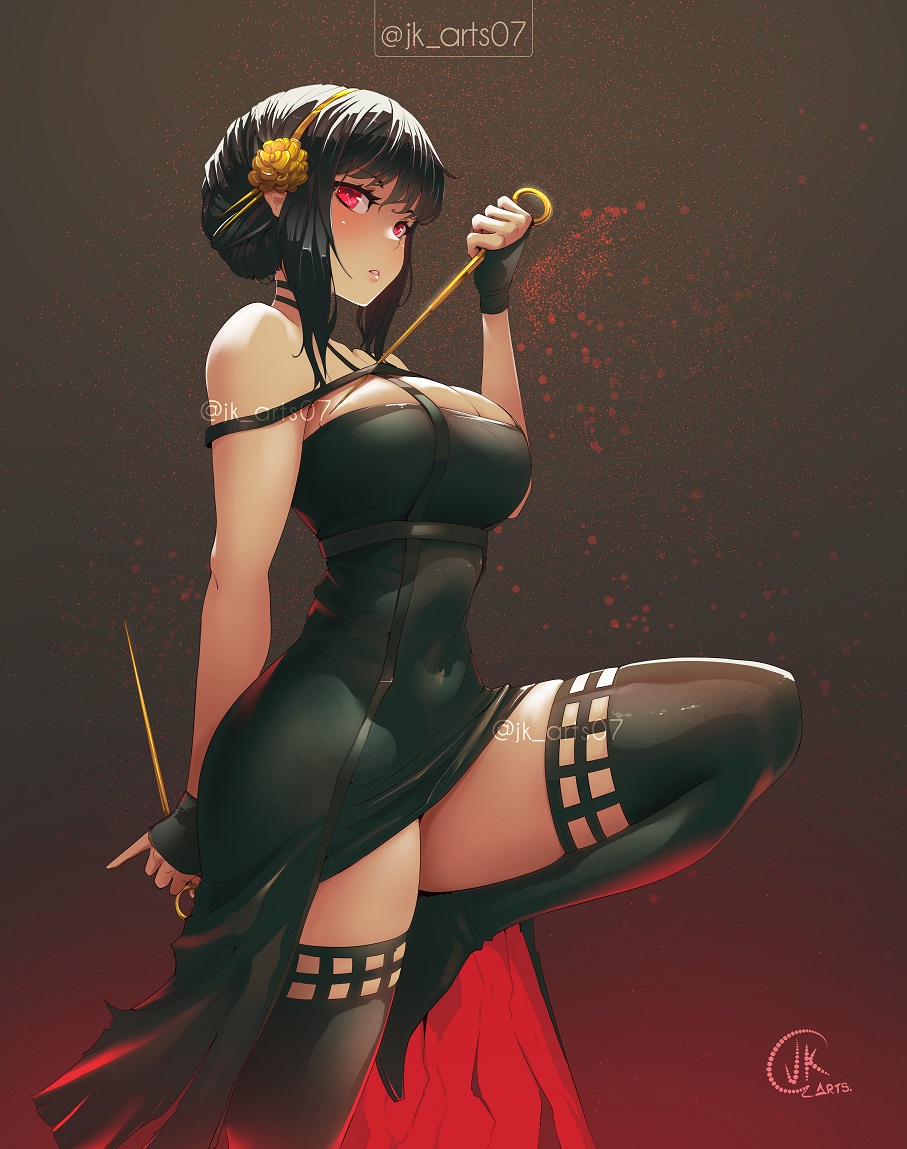 1girl black_dress black_gloves black_hair black_thighhighs blood blood_splatter breasts cleavage covered_navel dagger dress fingerless_gloves gloves gold_hairband hairband holding holding_dagger holding_knife holding_weapon jk_arts knife large_breasts parted_lips red_eyes short_hair signature sleeveless sleeveless_dress solo split spy_x_family standing standing_on_one_leg standing_split stiletto_(weapon) thighhighs thighs twitter_username two-sided_dress two-sided_fabric weapon yor_briar zettai_ryouiki