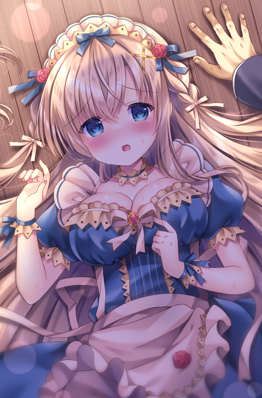 1boy 1girl apron blue_dress blue_eyes blush bow braid breasts brown_bow cleavage commentary_request dress flower frilled_apron frills hair_between_eyes hair_bow hair_ornament hand_up highres kouta. large_breasts light_brown_hair long_hair looking_at_viewer lying nail_polish nose_blush on_back open_mouth original pink_nails puffy_short_sleeves puffy_sleeves red_flower red_rose rose short_sleeves solo_focus sweat twin_braids very_long_hair white_apron wooden_floor wrist_cuffs x_hair_ornament