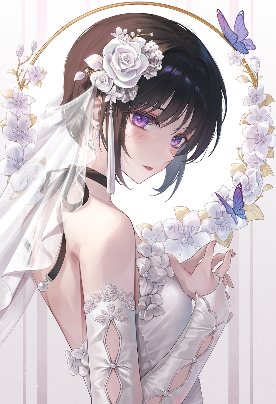 1girl bare_shoulders blush bridal_gauntlets bridal_veil brown_hair bug butterfly choker diamond_earrings dress earrings flower hair_flower hair_ornament highres jewelry original own_hands_together paran parted_lips purple_butterfly purple_eyes ribbon_choker rose short_hair sidelocks sleeveless solo strapless strapless_dress twitter_logo twitter_username upper_body veil wedding_dress white_dress white_flower white_rose