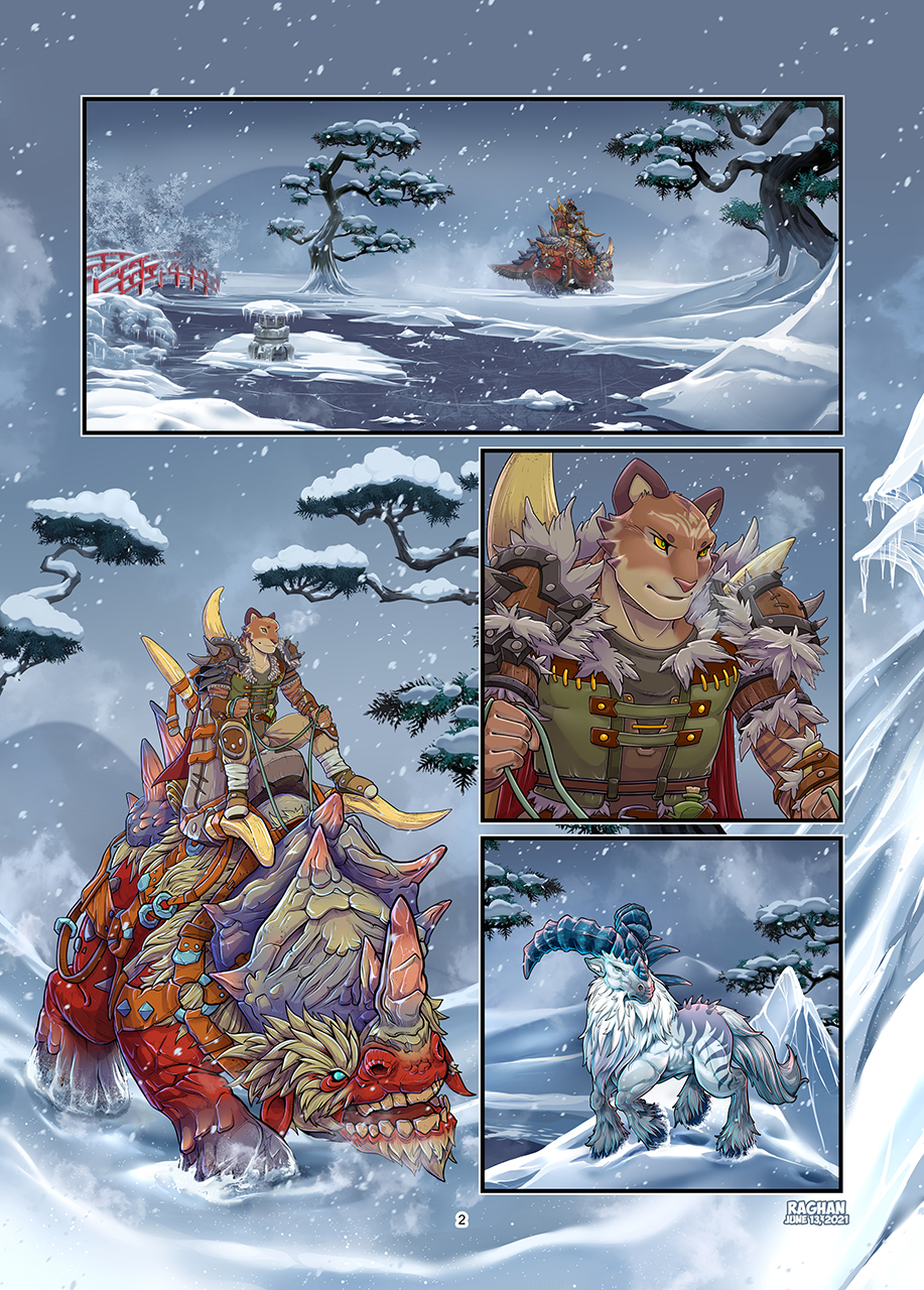 2021 ambiguous_gender anthro armor artist_name blizzard_entertainment bridge clefthoof comic dated felid feral forehead_tattoo frozen_landscape fur green_eyes hi_res horn ice kaorh leather leather_armor long_horn male mammal outside page_number pantherine raghan red_body riding shoulder_guards sky snow snow_on_tree solo talbuk tan_body tan_fur tiger warcraft white_body white_fur yellow_sclera