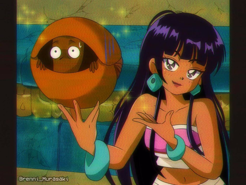 1990s_(style) 1girl animification bare_shoulders black_hair bracelet breasts brenni_murasaki brown_eyes chel_(the_road_to_el_dorado) closed_mouth collarbone dark-skinned_female dark_skin earrings holding jewelry lipstick long_hair looking_at_viewer makeup midriff navel retro_artstyle smile the_road_to_el_dorado upper_body