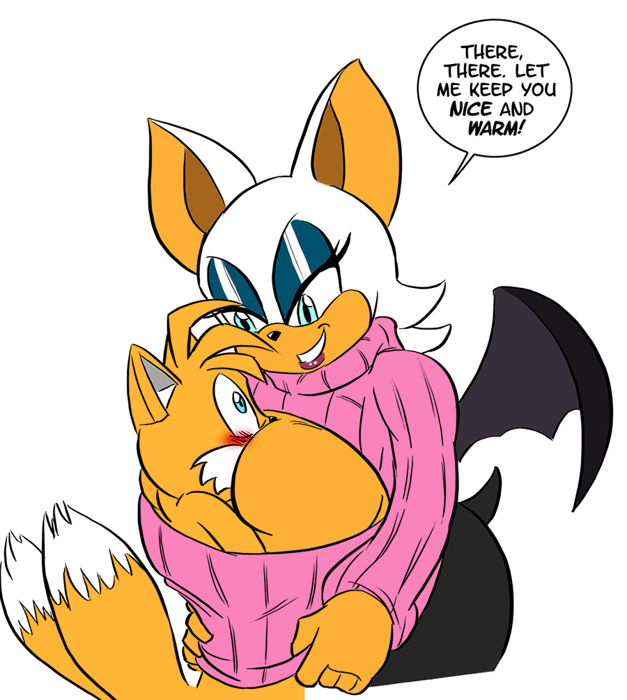 age_difference anthro bat blush canid canine clothing duo female flirting fox glassfish male male/female mammal miles_prower older_female open_chest_turtleneck rouge_the_bat sega sonic_the_hedgehog_(series) sweater topwear turtleneck warm younger_male
