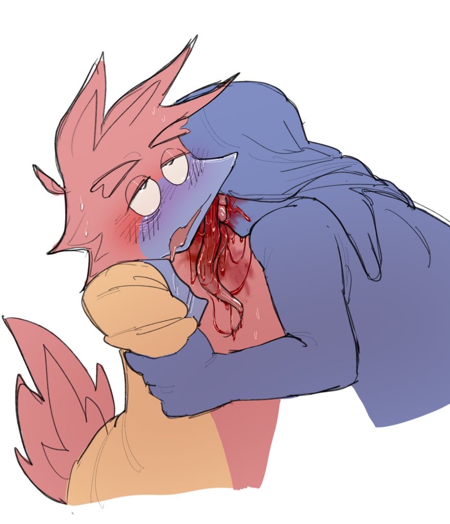 ambiguous_gender anthro avian beak bird bite blood blue_body blue_guy_(dhmis) blue_hair blush bodily_fluids clothed clothing don't_hug_me_i'm_scared drooling duo eyebrows feathers gore hair human lidded_eyes mammal neck_bite open_clothing open_shirt open_topwear red_body red_duck_guy_(dhmis) red_feathers saliva shirt tail_feathers topwear werdopon wounded