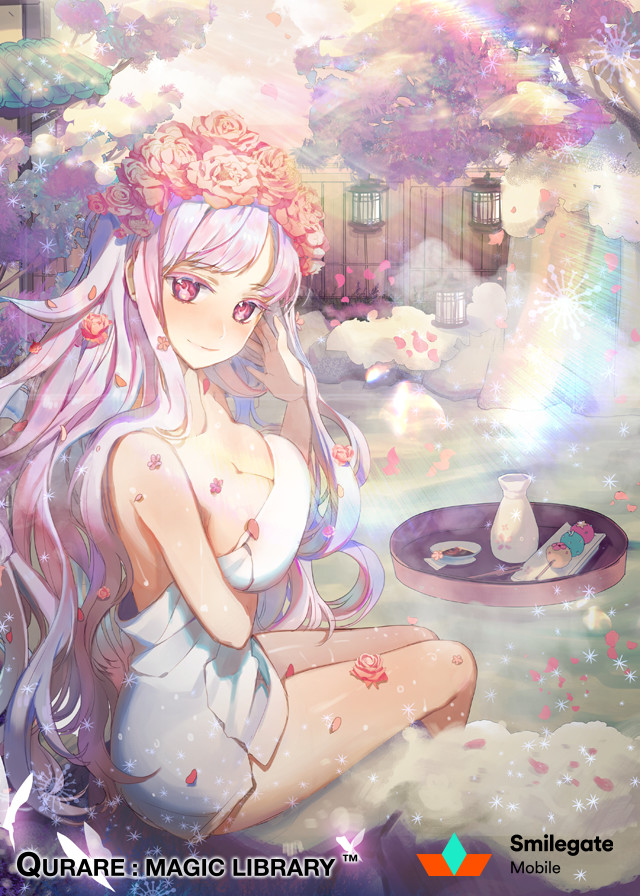 1girl arm_under_breasts breasts bug butterfly cleavage company_name copyright_name dango falling_petals feet_out_of_frame fence flower flower_wreath food from_side hair_flower hair_ornament hand_in_own_hair head_wreath lantern large_breasts long_hair looking_at_viewer looking_to_the_side naked_towel official_art onsen petals pink_eyes pink_flower pink_hair pink_rose qurare_magic_library rainbow rock rose rwael sitting smile snowflakes soaking_feet steam swept_bangs tokkuri towel tray tree wagashi water wavy_hair wooden_fence