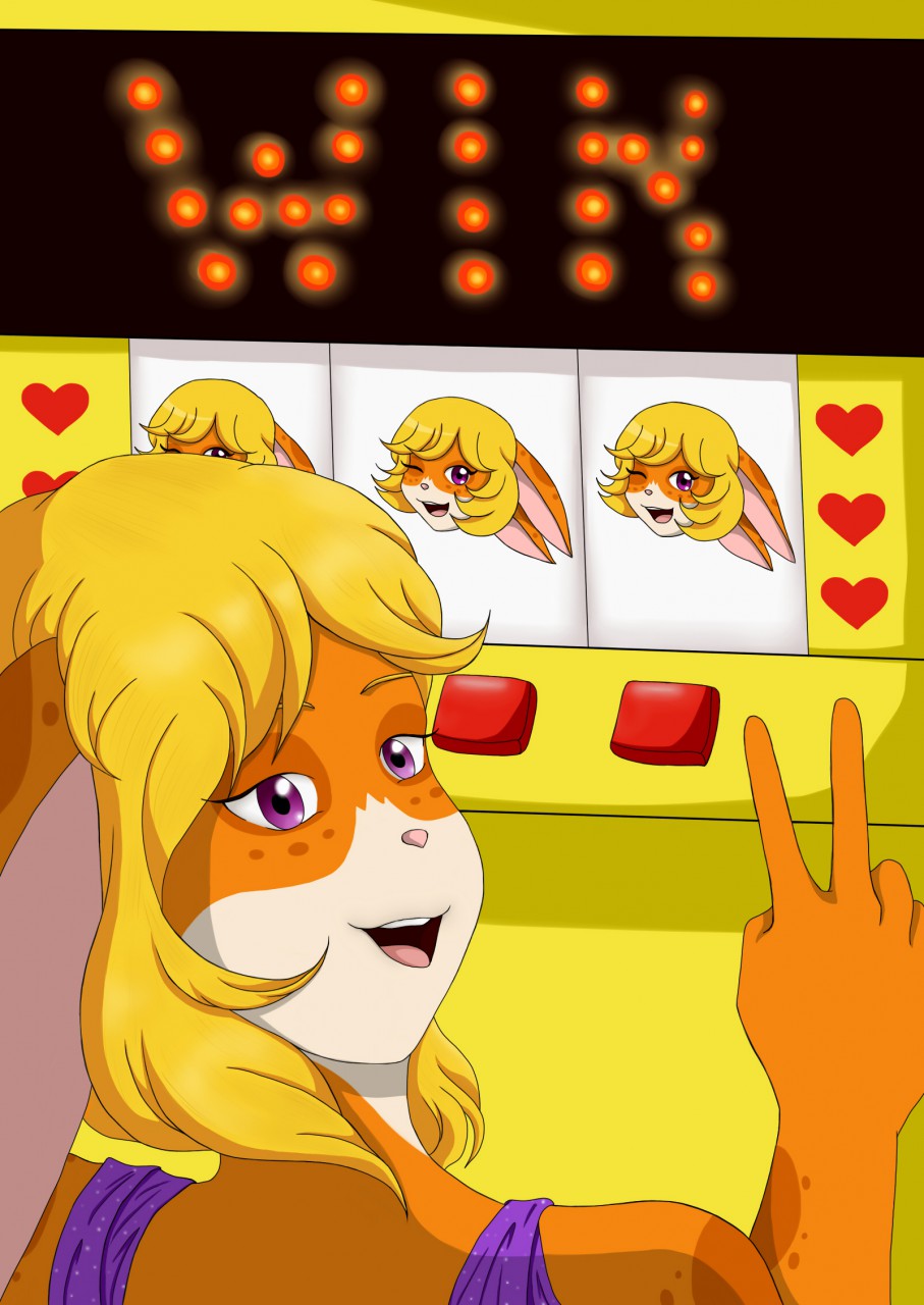 anthro blonde_hair female fur gesture hair hi_res lagomorph leporid mammal orange_body orange_fur pachislot purple_eyes rabbit slot_machine solo ta-chan tangobunny v_sign winning