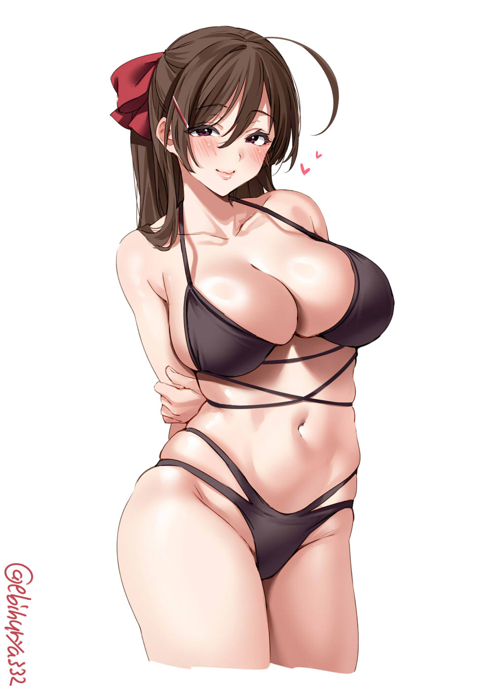 1girl ahoge arms_behind_back bare_shoulders bikini black_bikini blush breasts brown_hair closed_mouth collarbone cropped_legs ebifurya groin hair_between_eyes hair_ornament hair_ribbon hairclip hand_on_own_arm heart highres kantai_collection large_breasts lips looking_at_viewer mamiya_(kancolle) multi-strapped_bikini navel one-hour_drawing_challenge purple_eyes red_ribbon ribbon simple_background skindentation solo stomach strap_gap swimsuit thighs twitter_username white_background