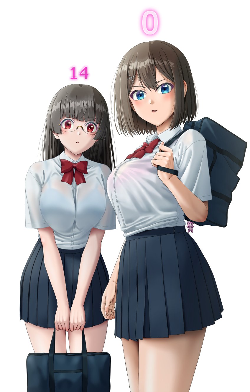 2girls alternate_costume bag black_hair black_skirt blue_eyes bow bowtie brown_hair choukai_(kancolle) collared_shirt commentary_request cowboy_shot dress_shirt highres kantai_collection looking_at_viewer maya_(kancolle) mikan_29344886 multiple_girls numbered pleated_skirt red_bow red_bowtie red_eyes rimless_eyewear school_bag school_uniform shirt short_hair simple_background skirt white_background white_shirt