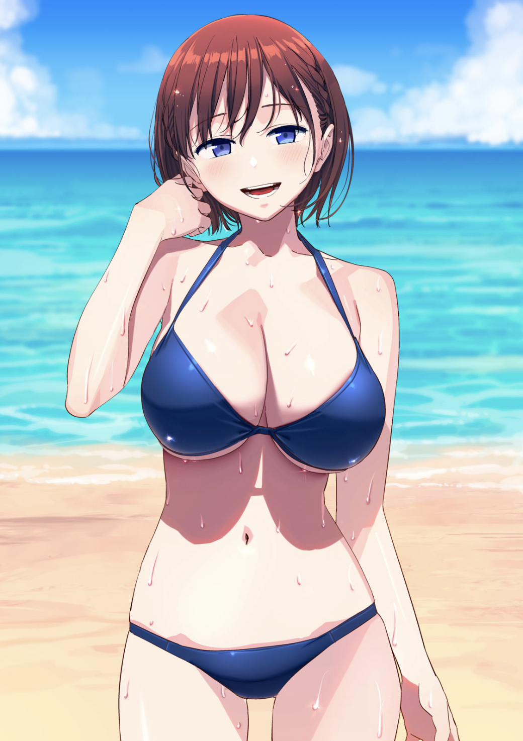 ai-chan_(tawawa) beach bikini blue_bikini blue_eyes blue_sky braid breasts brown_hair cleavage cloud collarbone day fanged_bangs getsuyoubi_no_tawawa highres himura_kiseki horizon large_breasts looking_at_viewer navel ocean official_art open_mouth outdoors sand shore short_hair side_braid sky smile solo swimsuit underboob water wet wet_hair