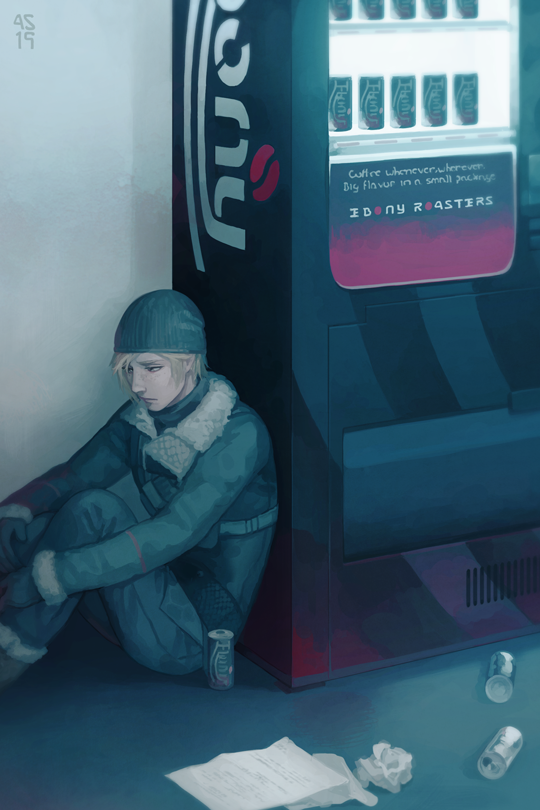 1boy blonde_hair blue_eyes can canned_coffee crumpled_paper driftwoodwolf final_fantasy final_fantasy_xv hat jacket long_sleeves male_focus paper prompto_argentum sitting solo vending_machine